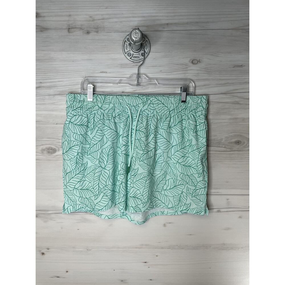 St Johns Bay Womens Large Petite Mint Green Leaf Print Drawstring Shorts 5576